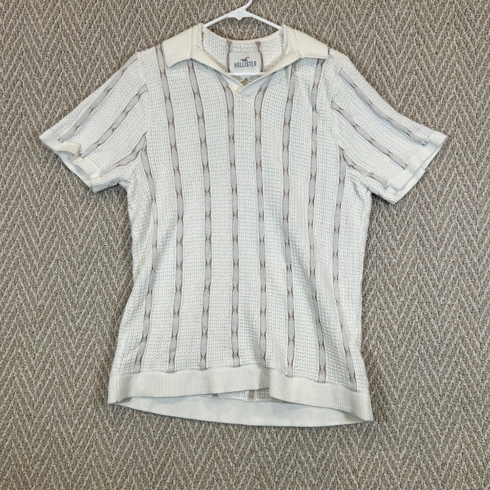 Hollister Shirt Mens XL White Cable Knit Short Sleeve V-Neck Sweater Polo